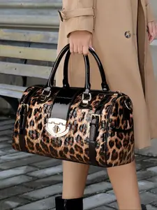 A brown women's handbag with a glossy leopard print pattern and a shoulder strap, large capacity, very fashionable and elegant Leather Handbag
