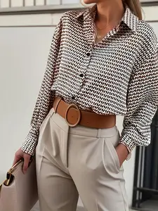 Women's Houndstooth Print Satin Blouse, Elegant Office Style, Long Sleeve & Button Front, Silky Smooth Fabric, Perfect for Work/meeting Ootd