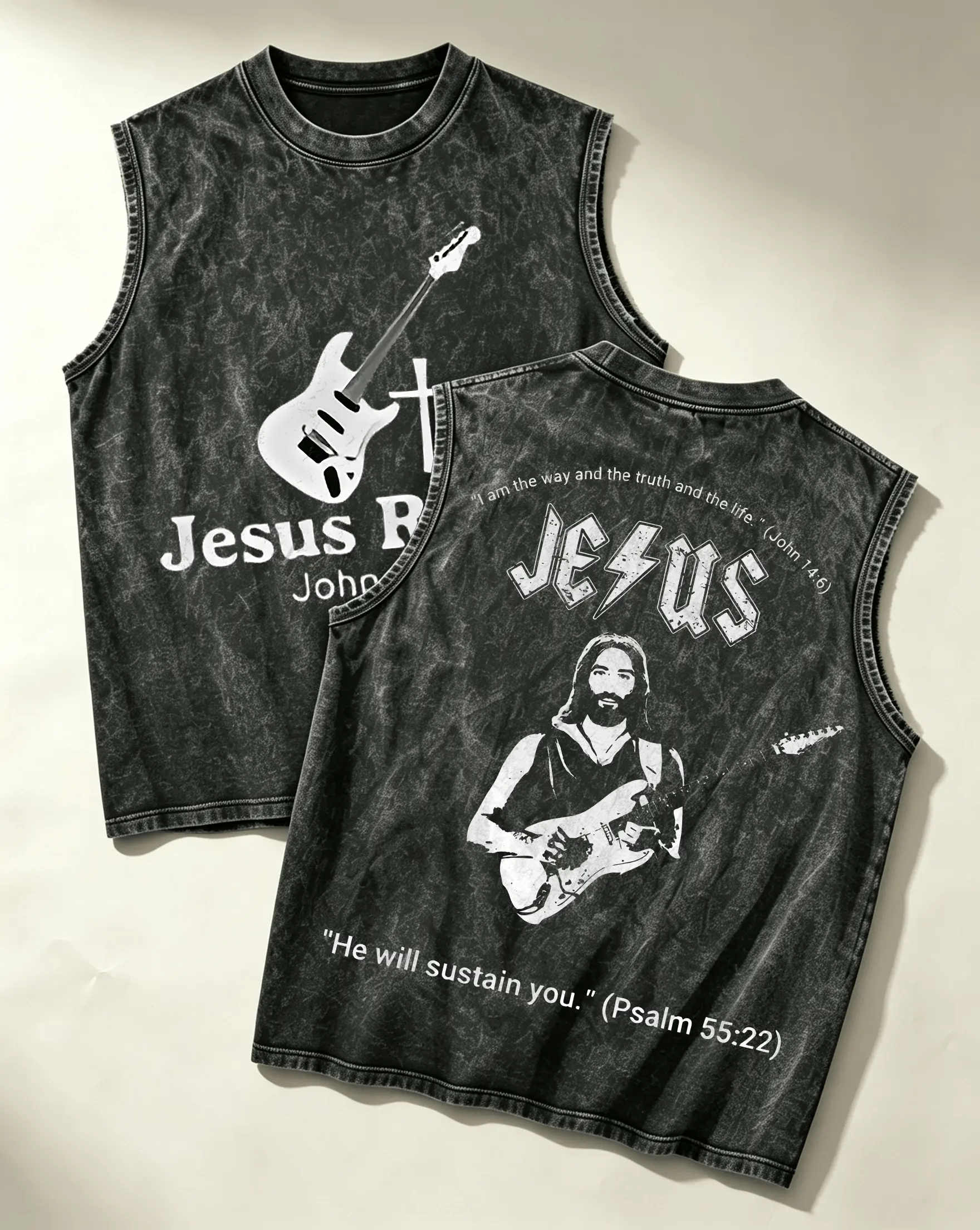 Menswear ，Music Jesus，Guitar Faith,Men's Vintage Gothic Oversized SleevelessGraphic Vest - Washed Black, Y2K Streetwear, SummerCasual Top singlets