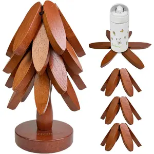 Foldable Wooden Trivet (Set of 4) - Space-Saving Tree Shape Design,  Beech  Hot Plate Holder, Heat Resistant Pot Stand for Kitchen Dining Table (Red Walnut)