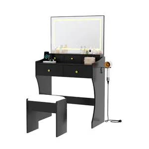 Black LED Vanity Desk with Mirror & Power Outlet, Makeup Vanity Table Set with 5 Drawers & Hair Dryer Holder, Padded Stool Included, Modern Dressing Table for Bedroom, Dorm & Closet Organization