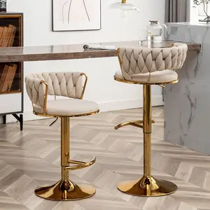 Velvet Bar Stools Set of 2, Adjustable Barstools Counter Height Barstools with Low Back, 360° Swivel Gold Bar Stool for Kitchen Island, Pub (2 PCS)