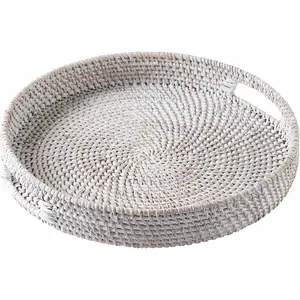 Rattan Serving Tray 12" in Whitewash o Woven Serving Trays with Handles for  o Round Decorative Dining Table Tray o Boho Wicker Serving Basket for Ottoman, Coffee Table, Couch