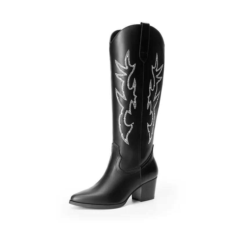 Dream Pairs Women's Black Rhinestone-Embroidered Cowboy Boots - Pointed Toe, Knee-High, Cuban Heel, Zip Closure, Synthetic Skin-Friendly Upper, TPR Rubber Sole, Design, Cowboy Aesthetic, Exquisite Embroidery, for Party & Rodeo Outfits