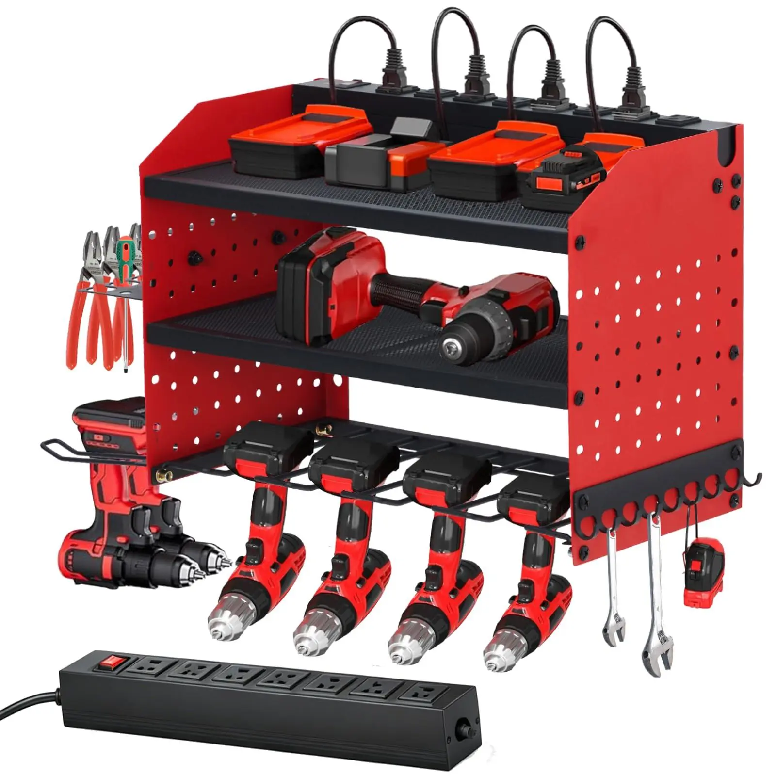 3-Tier Wall Mount Power Tool Organizer with Charging Station, Heavy Duty Garage Drill Storage Rack with 8 Outlets, Hooks & Battery Holders for Milwaukee DeWalt