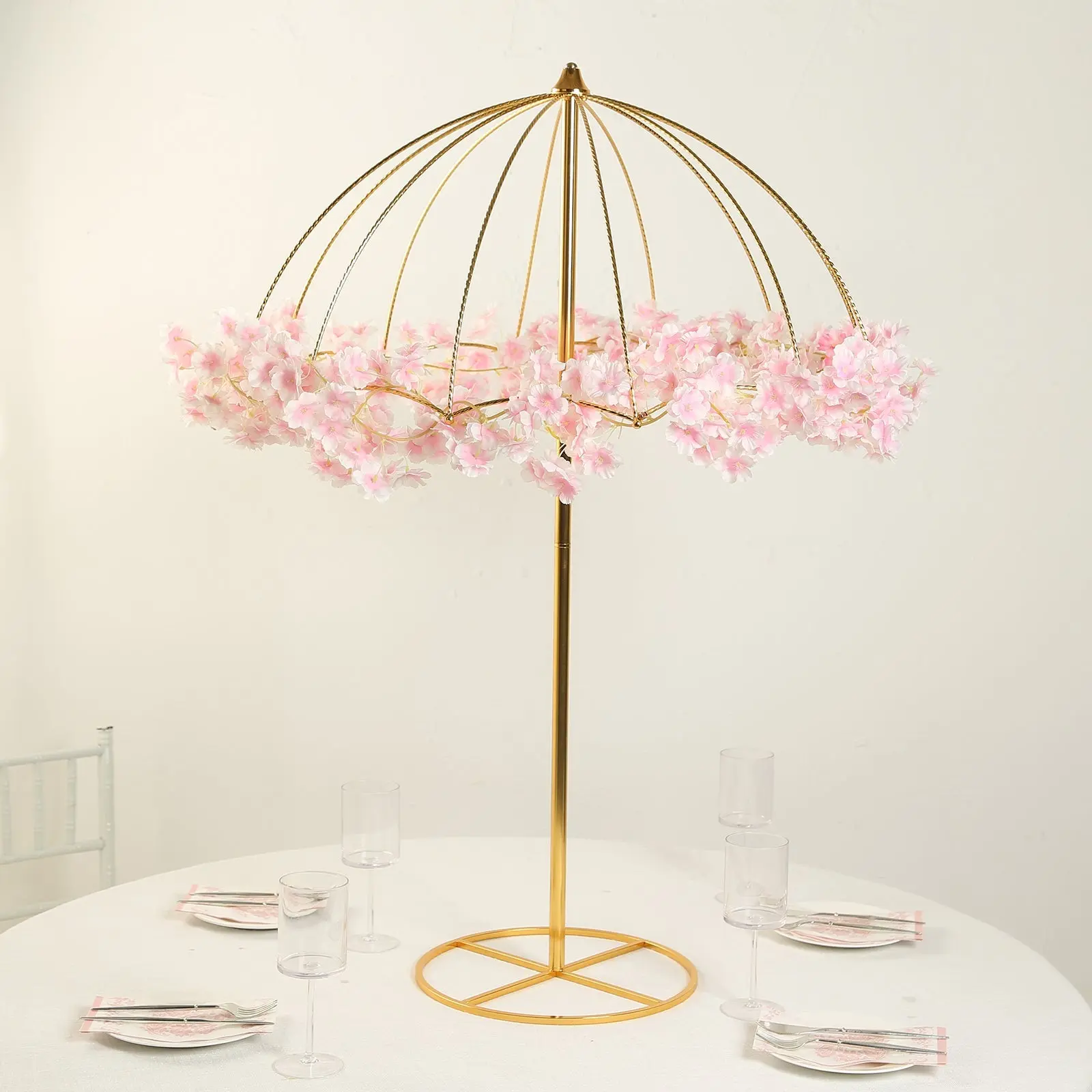 Gold Metal Umbrella Design Floral Frame Stand - 42" Round Base Dining Table Centerpiece, Decorative, Festive Style, Floral Arrangement, Glamorous Festive & Party Decoration, Decorative Centrepieces