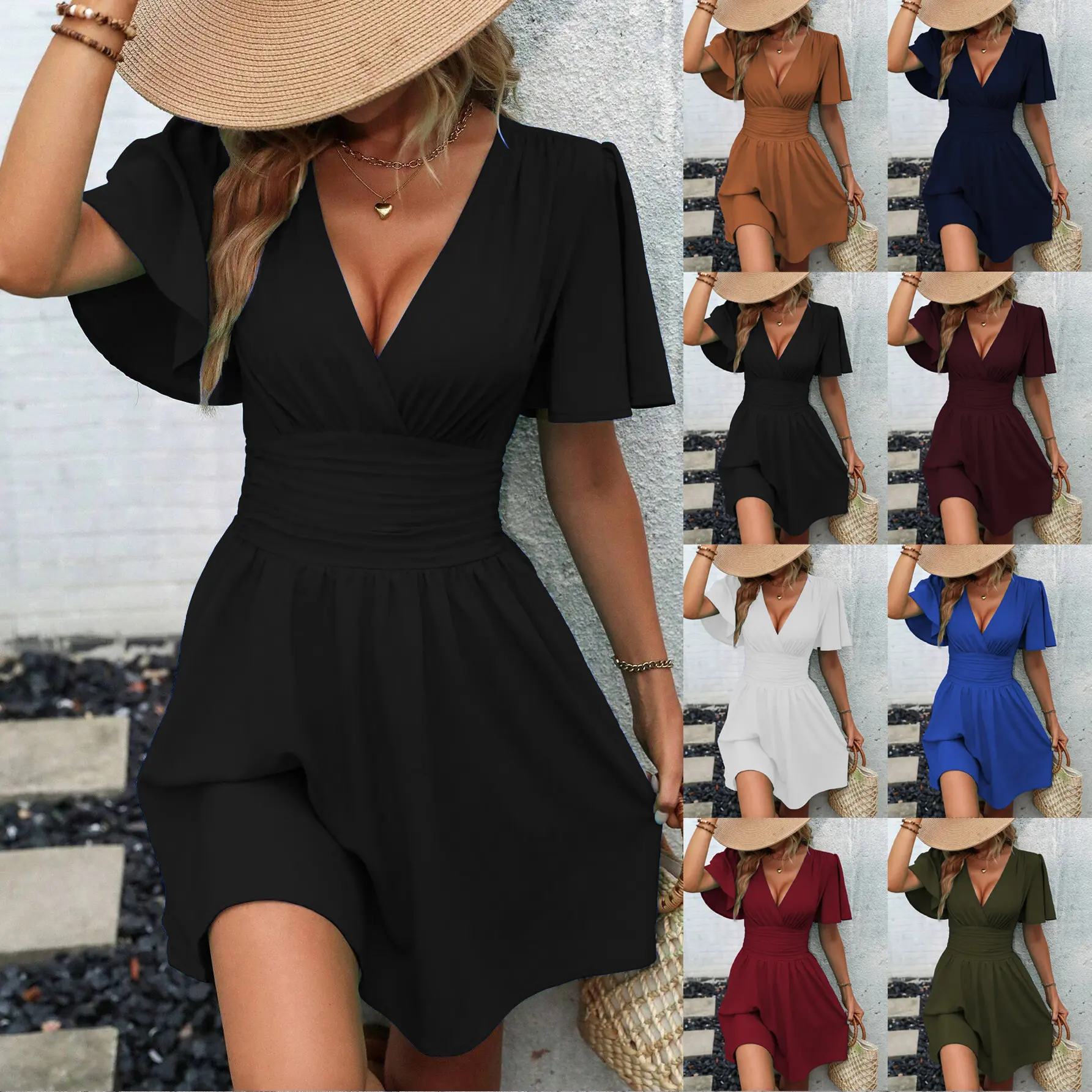 V Neck Ruched Bell Sleeve Romper for Women, Textured Short Jumpsuit with Mid Rise Fit, Elegant Casual One Piece Outfit for Summer, Vacation, Beach, Date Night and Everyday Outfits
