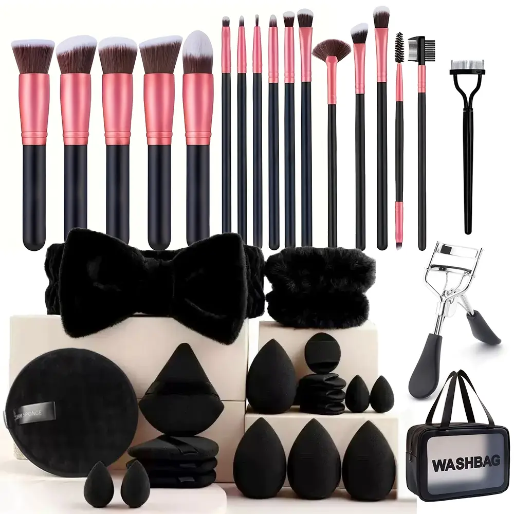 Women’s 52-Piece Durable Pink Professional Makeup Brush Kit with Storage Case, Waterproof Bag, Foundation Brush, Sensitive Skin-Friendly Mini Cleansing Sponge, Water Drop Finger Puff for Flawless Application (Gift Set), Brushes