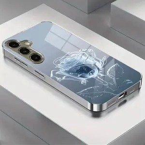 Cold Blue Crystal Floral Flower Pattern Electroplated Glass Protective Phone Case Cover for Samsung S25-S20, Note20-Note10, a Series, Anti-Dirt, Fashionable Design Accessories