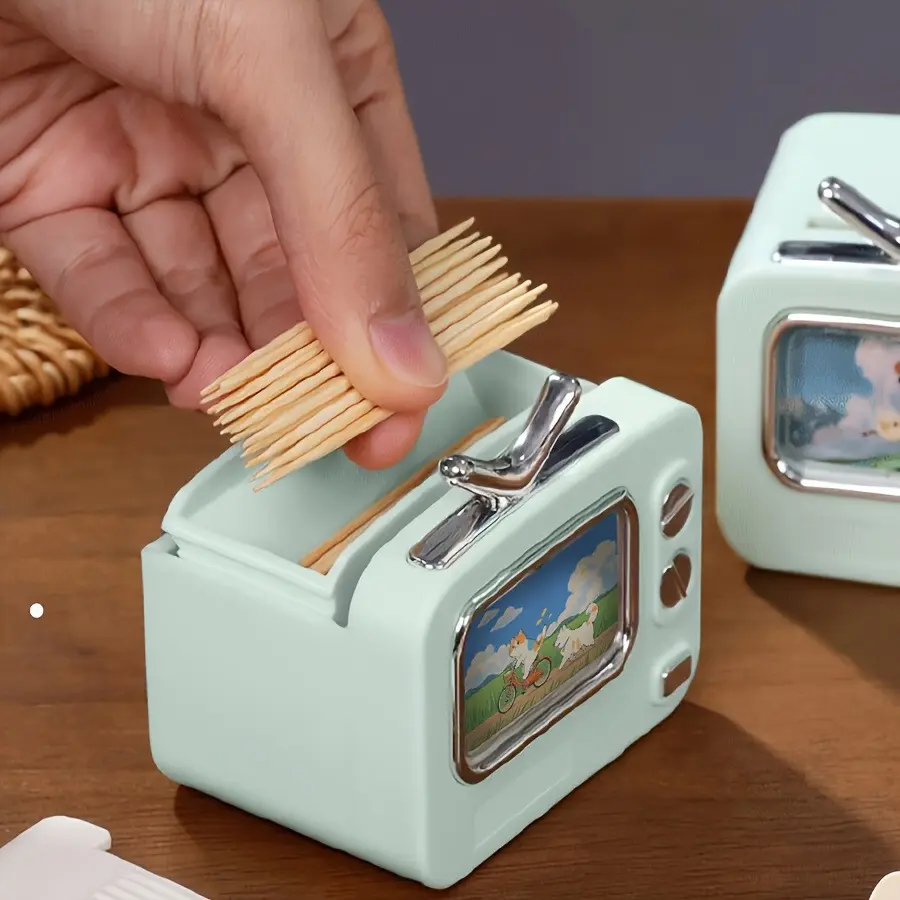 Vintage TV Design Toothpick Holder, Colorful Automatic Dispenser, Durable Plastic, Bedroom, Vanity, Kitchen Decor, Perfect Gift