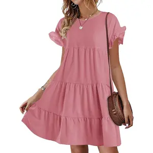 FMEYOA Womens Ruffles Boho Floral Printed Babydoll Loose Swing Casual Short Mini T-Shirt Dress