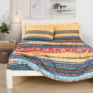CHEZMOI COLLECTION Amara Boho Floral Stripe Printed Microfiber Bed Sheet Set with Vibrant Colors & Geometric Patterns for Stylish Bedroom Decor