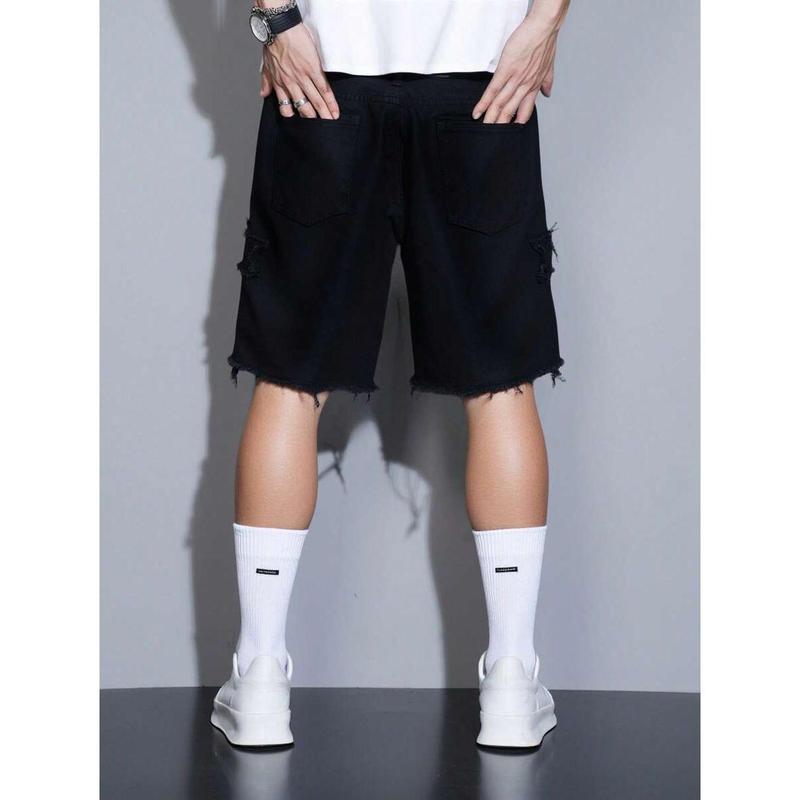 (Gold promotion)Manfinity EMRG Men's Casual Solid Color Denim Black Shorts Jorts With Frayed Hems, Men Black Cargo Shorts, Gothic Men Shorts, Mens Ripped Shorts, Men S Fashion Creative Fringe Denim Shorts