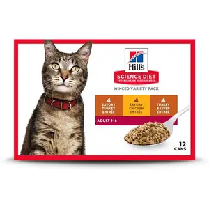 Hill's Science Diet Adult 1-6 Wet Cat Food Variety Pack, Savory Entrée Turkey & Liver, Chicken, and Turkey, 5.5 oz. Cans, 12-Pack