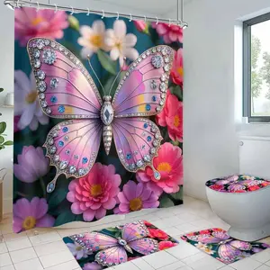Butterfly & Flower Pattern Print Bathroom Accessories, 4 Counts/set Including Waterproof Shower Curtain & Toilet Lid Cover & U-shaped Mat & Bathroom Mat, Bathroom Decor Supplies with Hooks