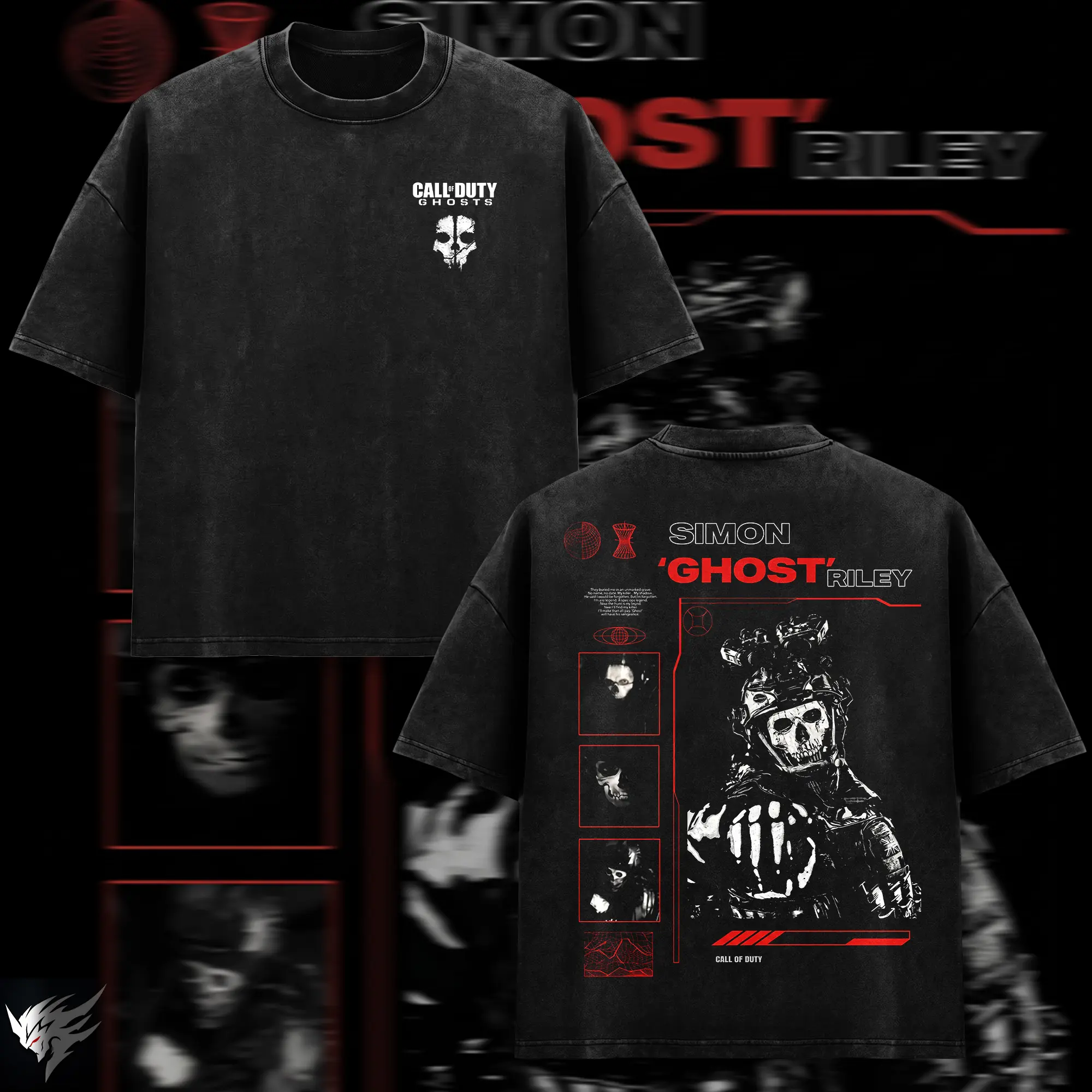 [COLLECTION] Call Of Duty Ghosts Collection T-Shirt, Simon Ghost Riley John Soap Price Keegan Russ Graphic Tee, Skull Logo Front Chest Back Print, Vintage Black Wash Heavyweight Cotton, Oversized Drop Shoulder Streetwear Gaming Apparel