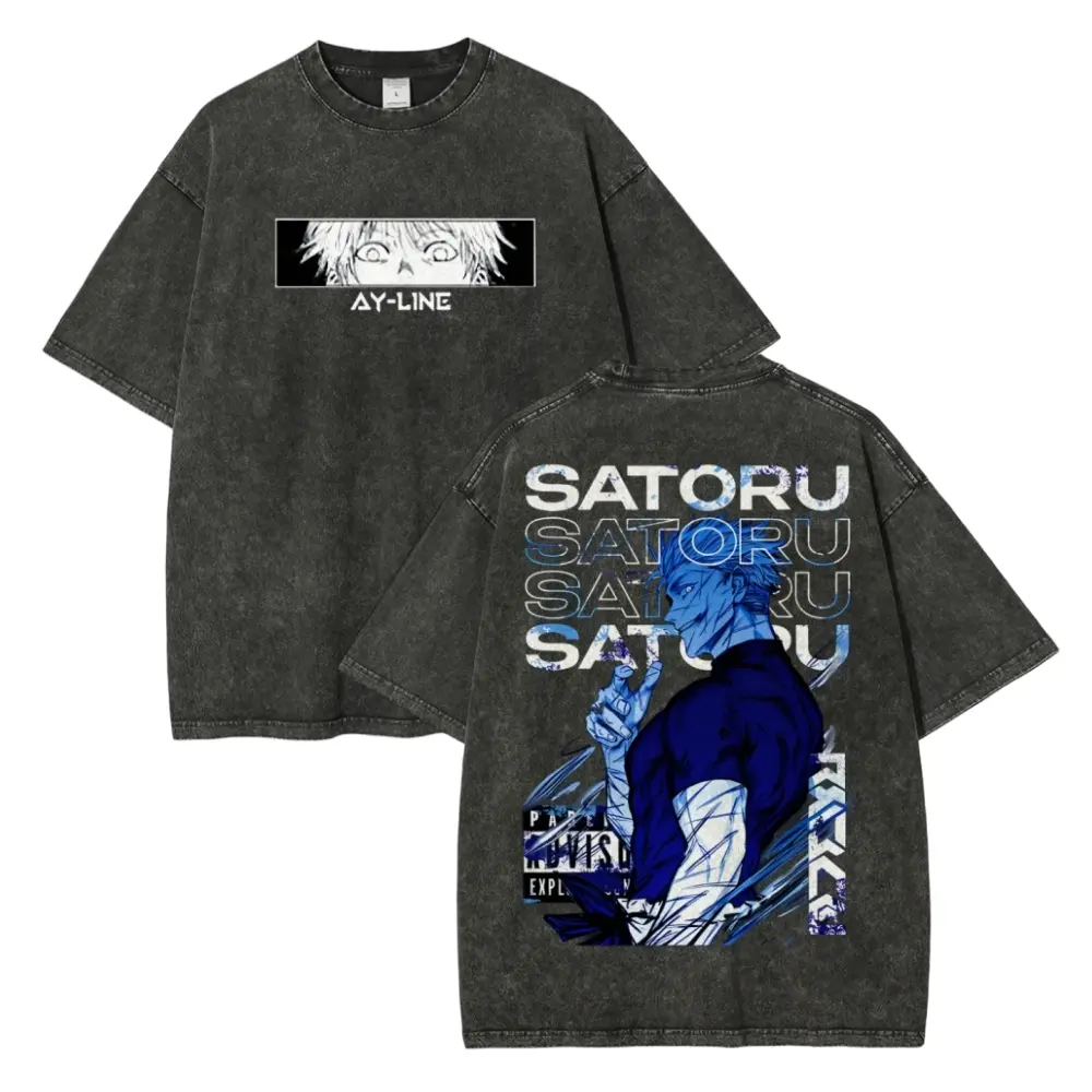 Jujutsu Kaisen JJK Satoru Gojo Oversized Graphic Tee Vintage Acid Wash Anime T Shirt Y2K Streetwear Gym Pump Cover Parental Advisory Retro Manga Merch Tiktok Finds Trendy Dark Aesthetic Workout Fit Casual Top Japanese Mens Activewear Sorcerer