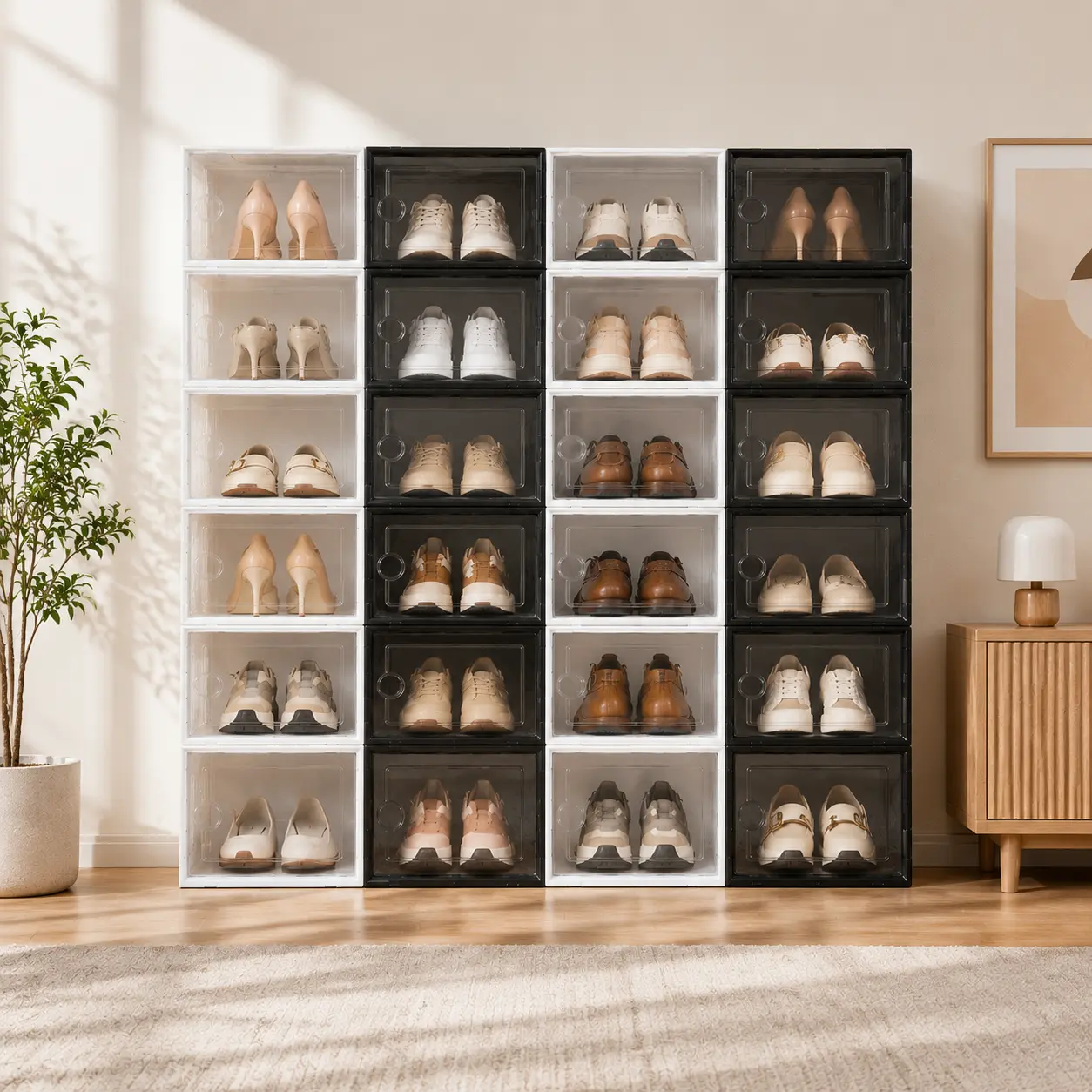 1pc Stackable Clear Plastic Shoe Storage Box - Dustproof Foldable Shoe Organizer Container, Space-Saving for Entryway, Bedroom, Black & White Available