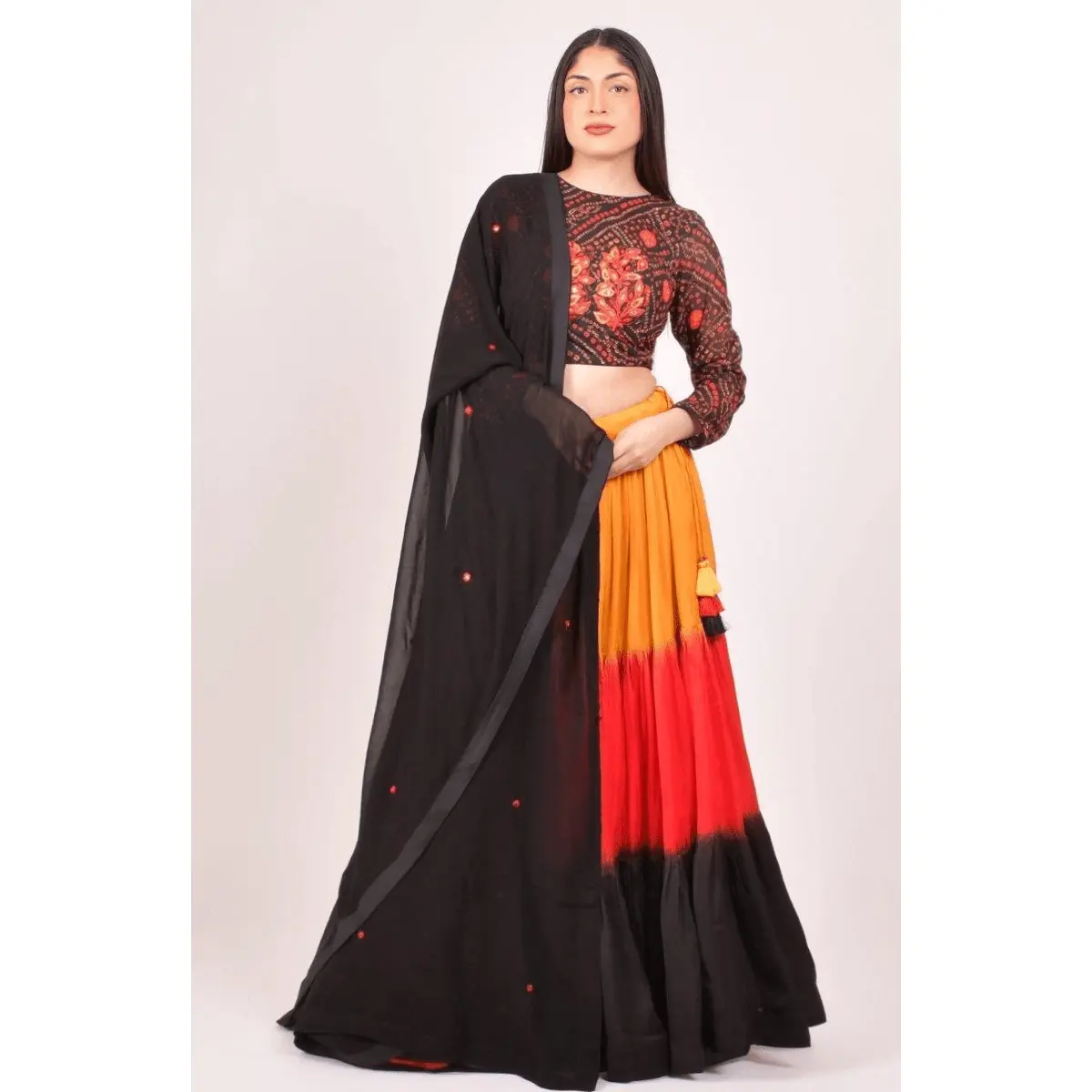 Multicolor Shaded Bandhani Chaniya Choli With Resham & Mirror Work Dupatta