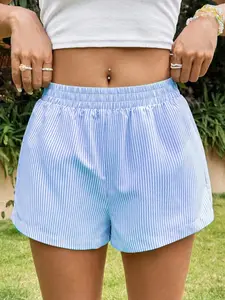 Women's Striped Print Border Shorts, Casual Comfy Breathable Shorts for Daily Wear, Ladies Bottoms for Summer, Womenswear, Loungewear, Pj Shorts, Pajama Shorts
