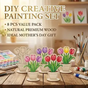 8 Piece Tulip Wooden Figurines Set, Fresh Natural Wood Style, Graffiti Colorable, Mother's Day Gift, Handmade DIY Material Kit, Home Desktop Decor