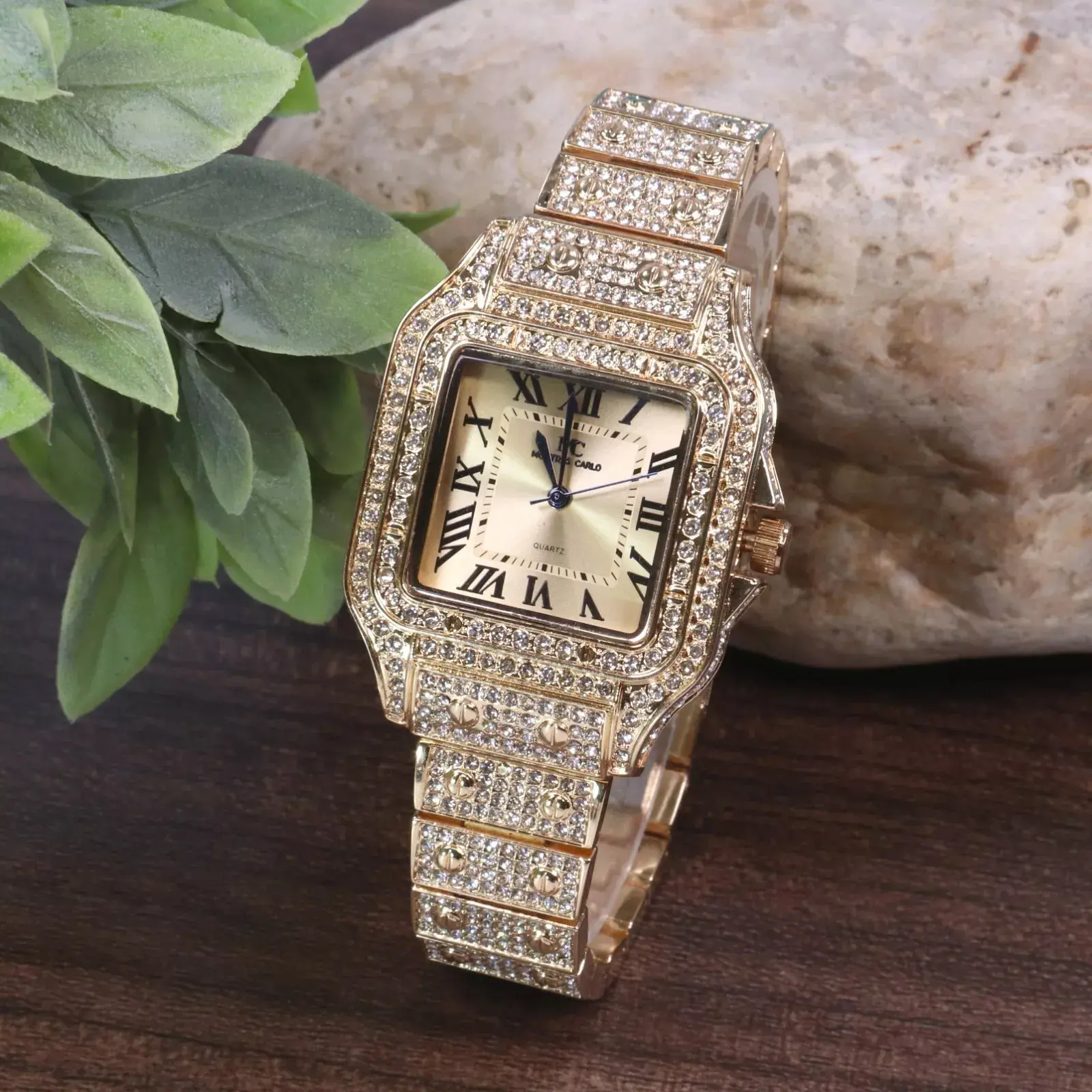 MaxBling81 Women's Square Analog Quartz Watch, Luxury Silver-Plated Full Iced Lab Diamond Bling Band, Elegant Stylish Hip Hop Fashion Accessory Watch for Women, Stylish Watch