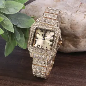 Women Lady's Square Watch Wristwatch Luxury Silver Plated Full Iced Band Lab Diamond Bling Trendy Hip Hop Style Metal Quartz Analog