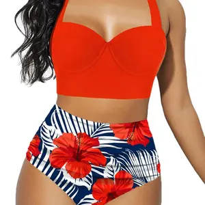 Women Push Up Bikini Set Summer Sexy Slim Flower Print High Waist Swimming Suit