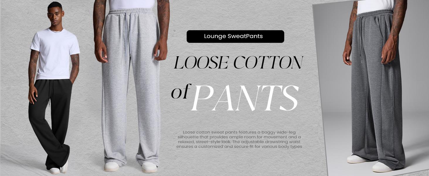 Gihuo Men's Baggy Sweatpants Casual Drawstring Waist Wide Leg Athletic Lounge Sweat Pants with Pockets Cotton Menswear Comfy Loose Suit Trouser