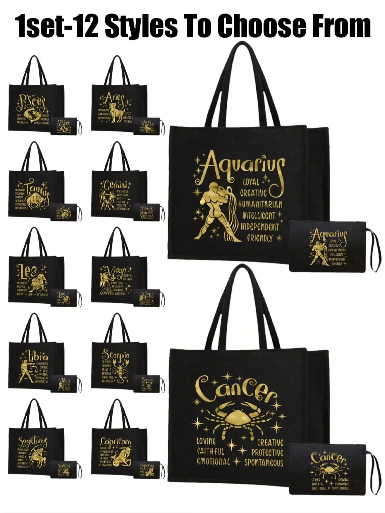 Golden Patterned Tote Bag, Shopping Totes, Small Bag, Casual Purse With Twelve Zodiac Signs, Black Linen Tote Bag With Black Buckle, Personalized Gift Package, Birthday Present, Thanksgiving Gift