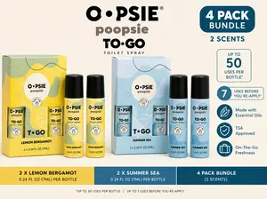Oopsie Poopsie Toilet Spray 4 Pack (Lemon Bergamot + Summer Sea, 0.24 fl oz / 7ml Each) – Travel Size Bathroom Odor Spray, On-The-Go Essentials