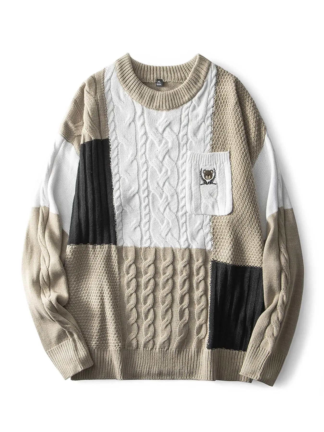 Men's Patchwork Print Embroidery Sweaters, Stylish Pocket Oversized Jumper, Men Knitwear Drippy Outfits for Fall Winter, Men Sweaters, Menswear Valent