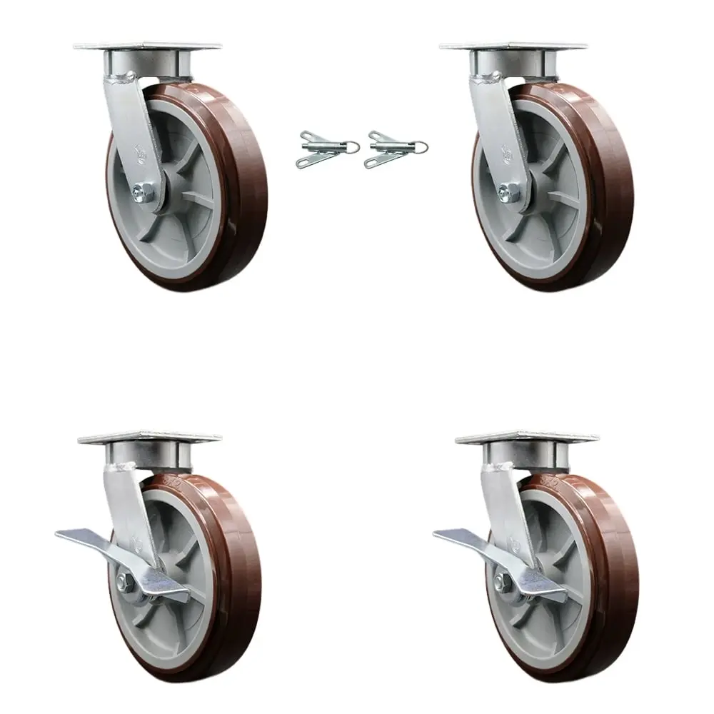 Service Caster SCC-KP30S820-PPUB-BSL-2-SLB-2 Heavy Duty Kingpinless Swivel Wheel-Shaped Castors, 8 in. Polyurethane Wheels, Ball Bearings - Set of 4