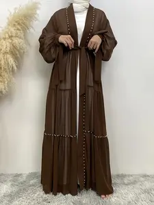 Long Sleeve, Elegant Brown Chiffon Beaded Muslim Cardigan | Tie-Waist, Ruffled Hem with Fringe Details, Sheer Fabric, Perfect for Spring & Fall