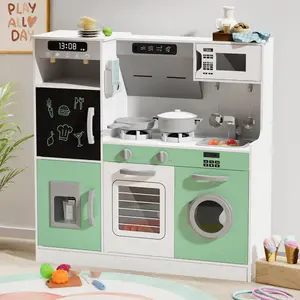 Play Kitchen with Lights & Sounds, Wooden Kitchen Playset with 28 Pcs Toy Food & Cookware Accessories, Toy Kitchen with Plenty of Play Features，for Boys and Girls Birthday Gift Christmas Gift