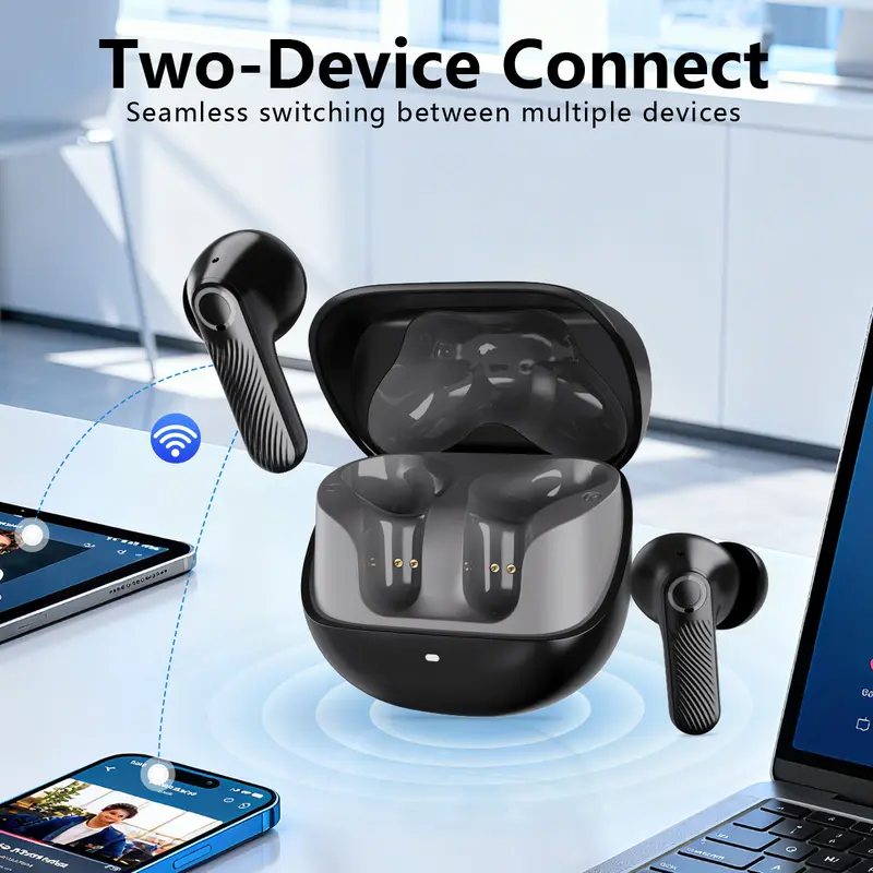 Voprene v73/N HiFi Deep Bass Boost Wireless Earbuds (3.8g) - Bluetooth 5.4 Headphone, Active Noise Cancellation, ENC Distinct Calls, 140 Hours Playtime, 10-Min Quick Charge, Charging Station, 32 Ohm, 20kHz, Phone & Game Use, High Fidelity Connection