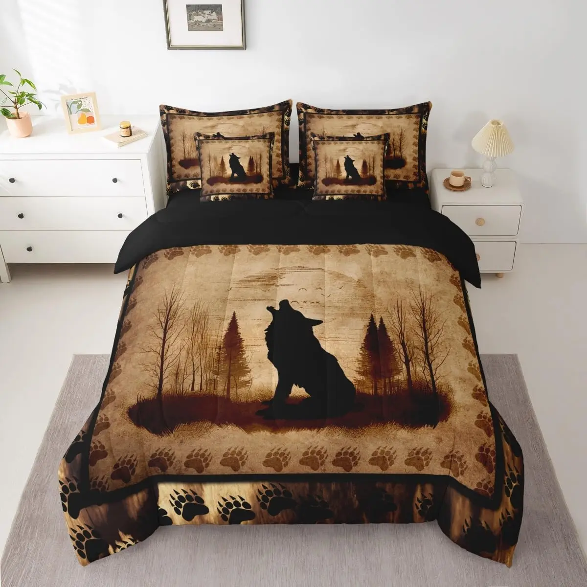 Feelyou 7-Piece Western Theme Cute Wolf Polyester Bedding Set - Bed-in-a-Bag with Breathable Bedsheet Sets, Brown Black Howling Wolf Silhouette & Tree Pattern, Boho Animal Design, High Tensile Strength, All Seasons, Machine Washable, Hang Dry, Multi-Size