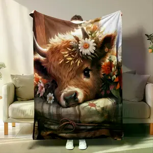 Adorable Cartoon Cow Pattern Soft TShirt Throw Blanket Perfect for Home Office Travel and Camping Warm Cozy Nap Cover