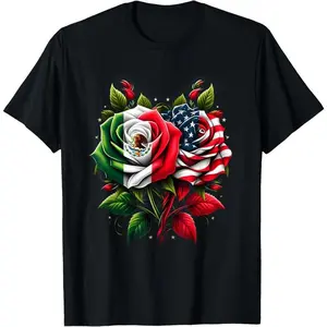 100% Cotton Mexico USA Flag T-Shirt – Floral Mexican & American Flag Graphic Tee for Men & Women funny graphic tee