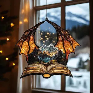 Dragon Wing and Book Acrylic Suncatcher Window Hanging, Stained Glass Look Fantasy Decor, Bookish Gift For ACOTAR Fans Or Book Lovers