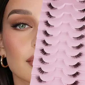 Natural Half Lashes, 10 Pairs Dense Cat Eye Look, 10mm Transparent Band Short False Eyelashes, Fluffy C Curl Synthetic Fiber