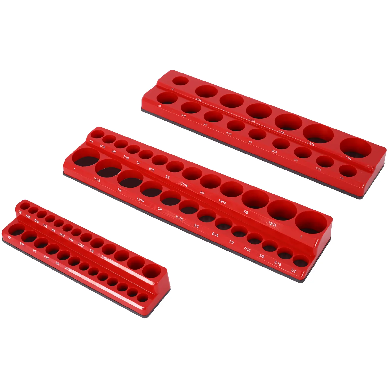 OEM Tools Magnetic Tray 3-Piece Black/Red Plastic SAE Socket Organizers - 1/2 in Numbered 68 Slots, 3/8 in Compatible, Intelligent Sizing System, Magnetic Grip, Metallic Lift Attachable, Scratch-Safe for Tool Box Organization, Garage Storage