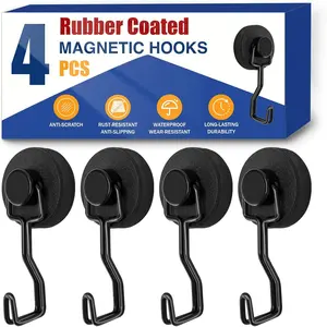 4-Pack Black Heavy Duty Magnetic Hooks Rubber Coated Rust Proof Strong Magnet for Hanging Grill Tools Kitchen Utensils Towels for Grill Refrigerator Outdoor Camping BBQ Accessories