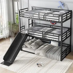 Triple Bunk Bed with Slide, Twin XL over Twin XL over Twin XL Bunk Bed with Safety Guardrails, Heavy-duty Metal Bunk Bed Frame, Noise Free, Black