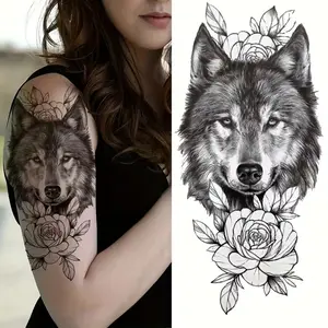 Wolf Tattoo Stickers Waterproof Long-Lasting Temporary Tattoos Complex Wolf Floral Design Suitable for Arms Legs Easy Application Removal Realistic Animal Art Single Color Fake Tattoos