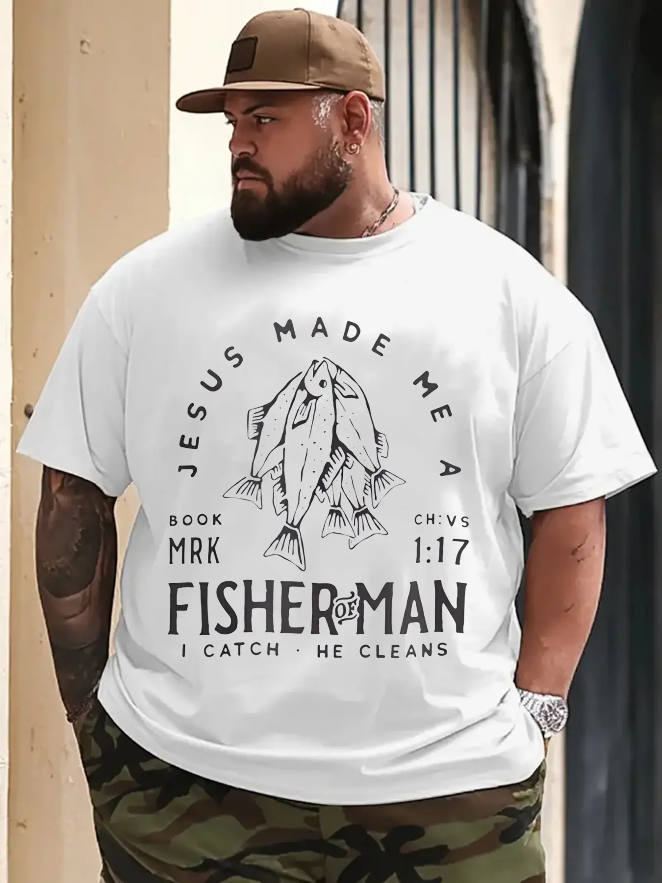 Men's Big & Tall Christian T-Shirt - Jesus Made Me a Fisherman Graphic Tee (Mark 1:17 Bible Verse) - Heavyweight  Cotton Crewneck Shirt for Church, Fishing Trips, Casual Attire - Machine Washable Religious Apparel Gift for Pastors, Evangelists - Breat