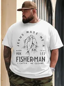 Men's Big & Tall Christian T-Shirt - Jesus Made Me a Fisherman Graphic Tee (Mark 1:17 Bible Verse) - Heavyweight 100% Cotton Crewneck Shirt for Church, Fishing Trips, Casual Attire - Machine Washable Religious Apparel Gift for Pastors, Evangelists - Breat