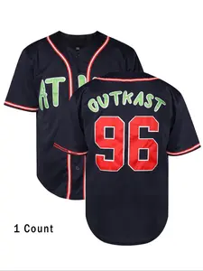 Men's Letter & Number Embroidery Contrast Binding Baseball Jersey, Casual Breathable Short Sleeve Button Front Baseball Top for Training Competition, Sportswear for All Seasons