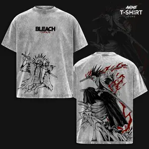 Kenpachi Zaraki Bleach Vintage Washed Oversized Anime T-Shirt, Heavyweight Cotton Streetwear Graphic Tee, Dark Manga Line Art Back Print, Unisex Loose Fit Japanese Anime Shirt, Classic Bleach Anime Streetwear Gift