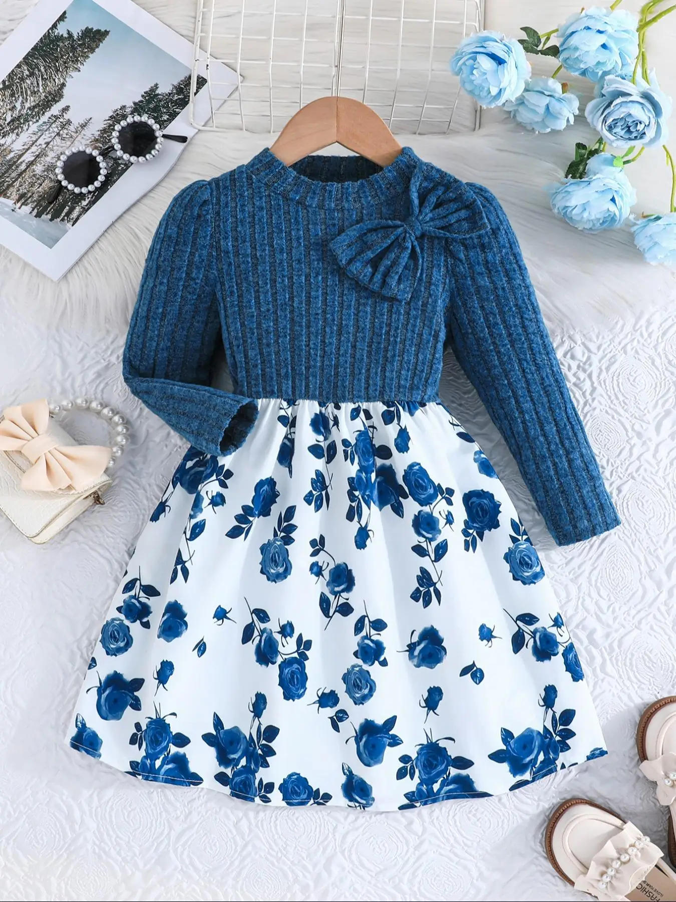 Girl's Floral Print Bow Front A Line Dress, Casual Long Sleeve Round Neck Dress for Fall & Winter, Kids Clothes for Daily Wear